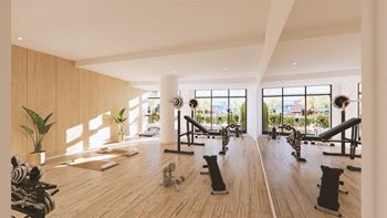 A gym with wooden floors and a variety of exercise equipment.